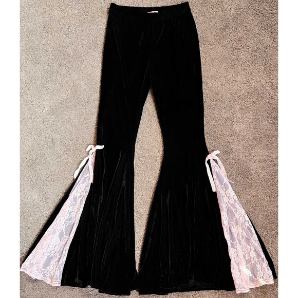 Dolls Kill Pants - Dolls Kill Sugar Thrillz Velvet Bell Bottoms Flare Black Pink Lace Bow Goth